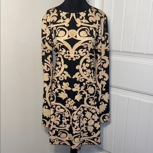 JB by Julie Brown Black and Gold Long-Sleeve Baroque Shift Dress